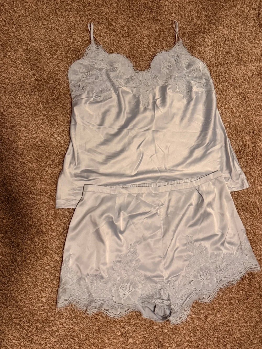 Homebodii - Lace Trim Satin Cami Short Set - Eggshell